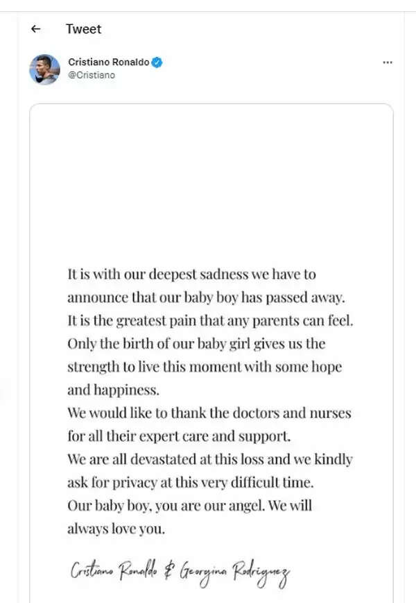 ரொனால்டோ மகன் உயிரிழப்பு.. வேதனையில் வெளியிட்ட உருக்கமான பதிவு