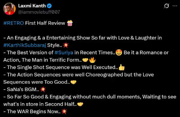 சூர்யாவின் ரெட்ரோ எப்படி இருக்கு.? எக்ஸ் தள விமர்சனம்